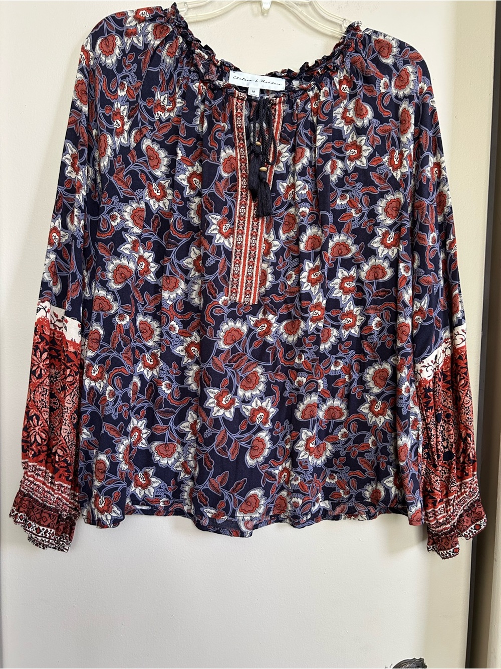 Chelsea & Theodore Navy Floral Printed Peasant Blouse, size M